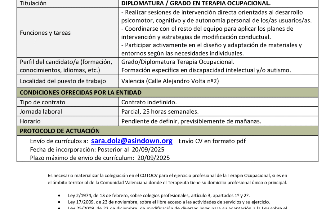 OFERTA DE EMPLEO_FUNDACIÓN ASINDOWN_VALENCIA