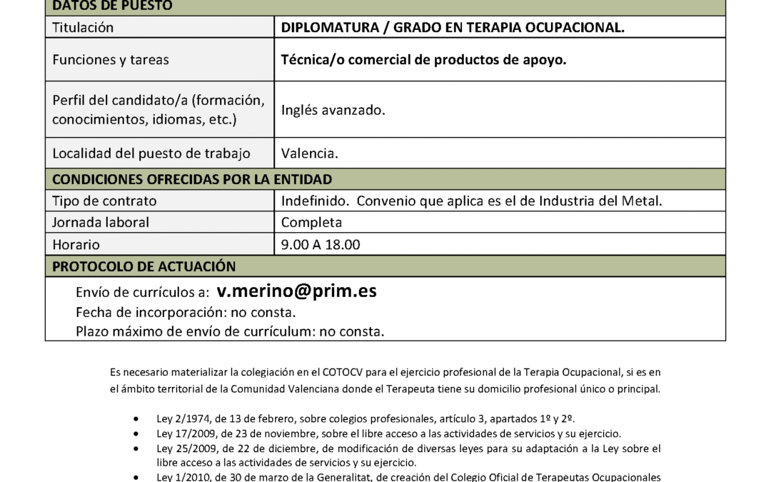 Prim Sa OFERTA DE EMPLEO_PRIM SA._TÉCNICA/O COMERCIAL DE PRODUCTOS DE APOYO ...